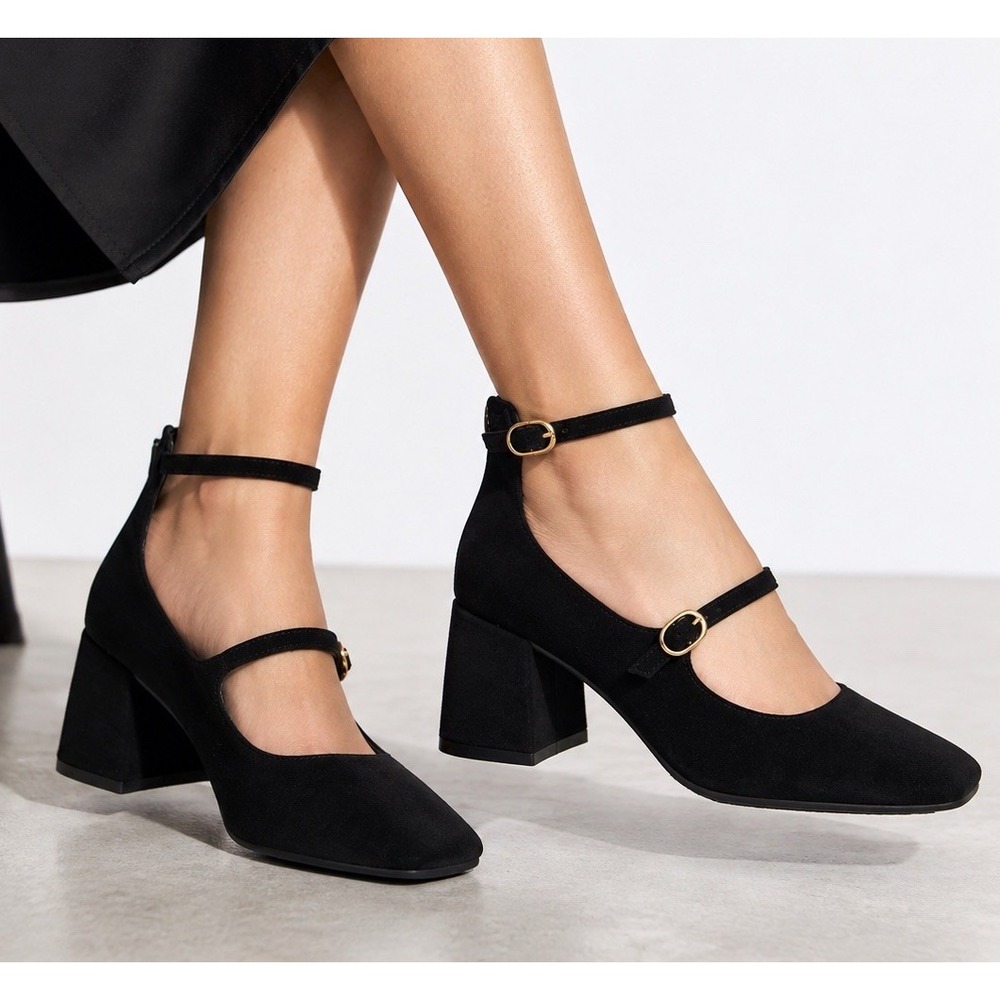 On 34th Mary Jane's 9 Double Strap Black Heels Velvet-Feel Block Heel Chunky